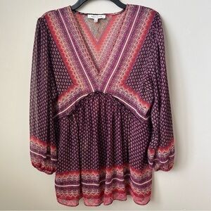 Rose + Olive Kaleidoscope Floral Print Top V-Neck L/S Boho Peasant Hippie M